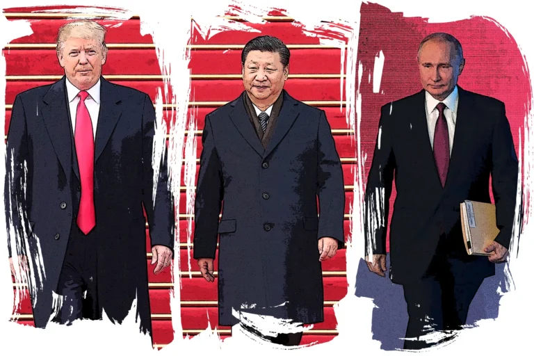 Mapa geopolítico ilustrando tensões da guerra global entre EUA, Rússia e China em 2025