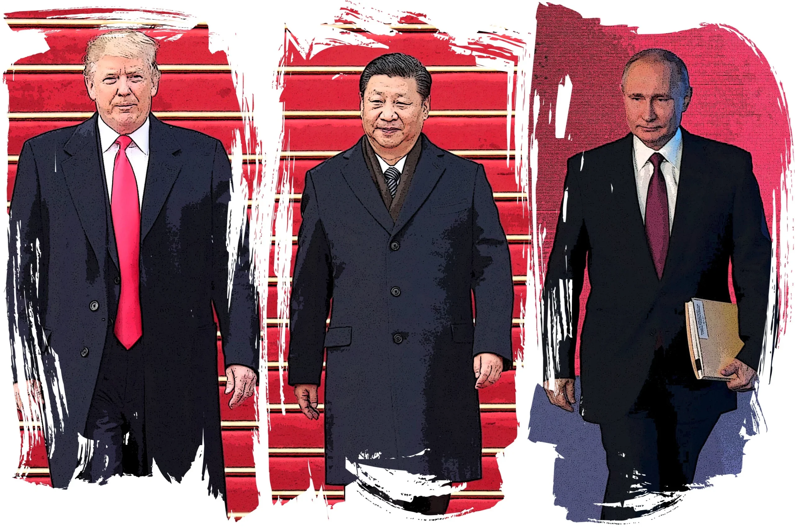 Trump, Putin e Xi Jinping Mapa geopolítico ilustrando tensões da guerra global entre EUA, Rússia e China em 2025