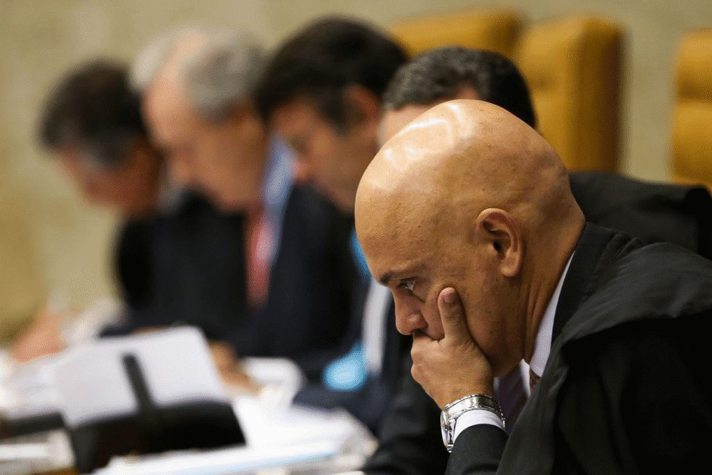Foto de Alexandre de Moraes no STF com bandeira dos EUA ao fundo